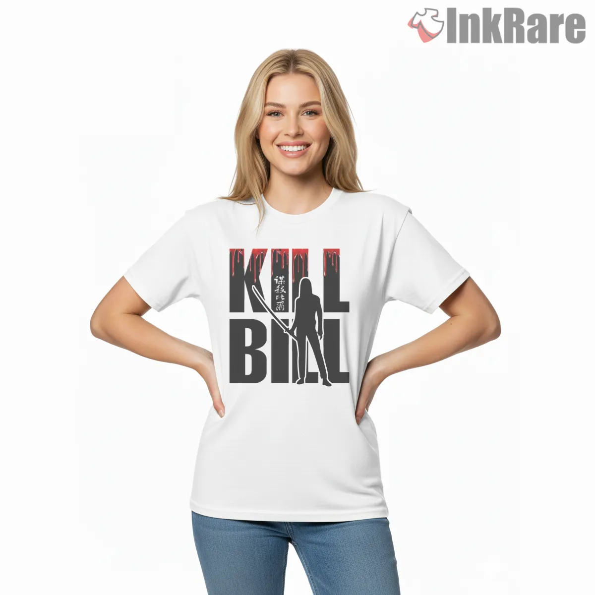 Bloody Bride Typography Silhouette Kill Bill Short Sleeve White Bloody Bride Typography Silhouette Kill Bill Shirt on white short sleeve shirt for women graphic tee