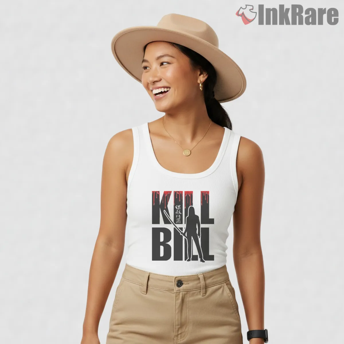 Bloody Bride Typography Silhouette Kill Bill Tank Top White Bloody Bride Typography Silhouette Kill Bill Shirt on white tank top for women graphic tee