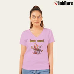 Women’s Bloom County Comic Cat Characters Beige V-Neck Tee in light pink | Chic Neckline, Soft Texture
