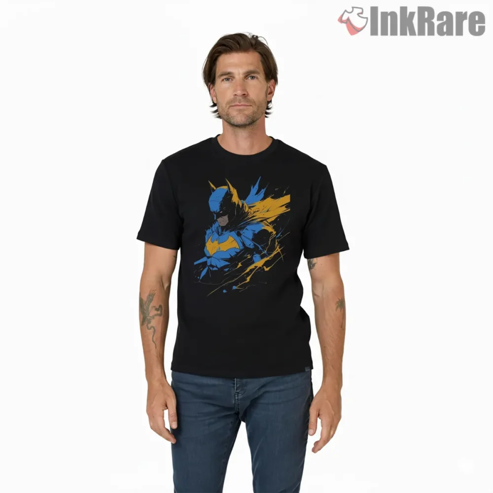 Blue And Gold Brushstroke Batman Shirt on black short sleeve shirt for men graphic tee