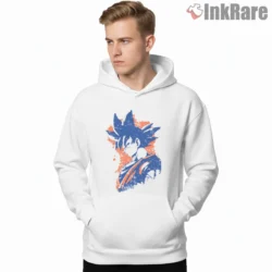 Blue Brushstroke Saiyan Hero Silhouette Shirt on white hoodie for men graphic tee