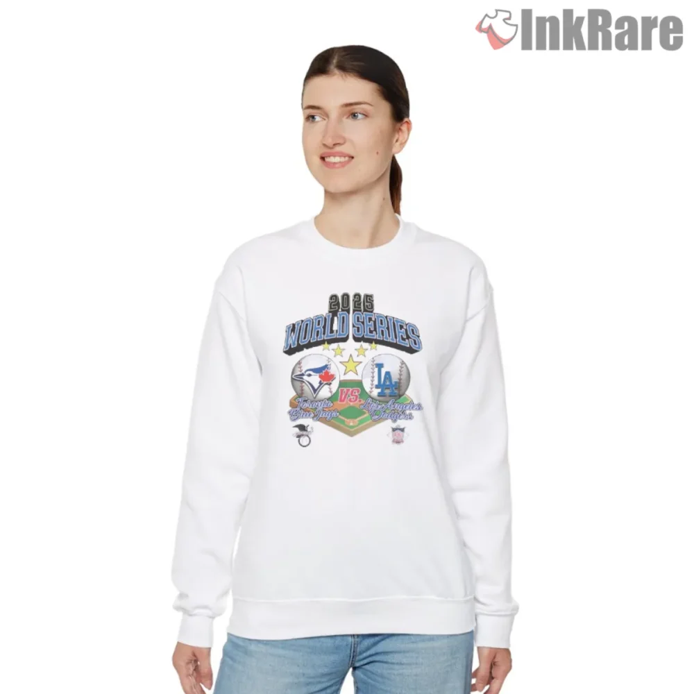 Blue Jays Dodgers 2025 World Series Shirt with dual logo matchup on white sweatshirt