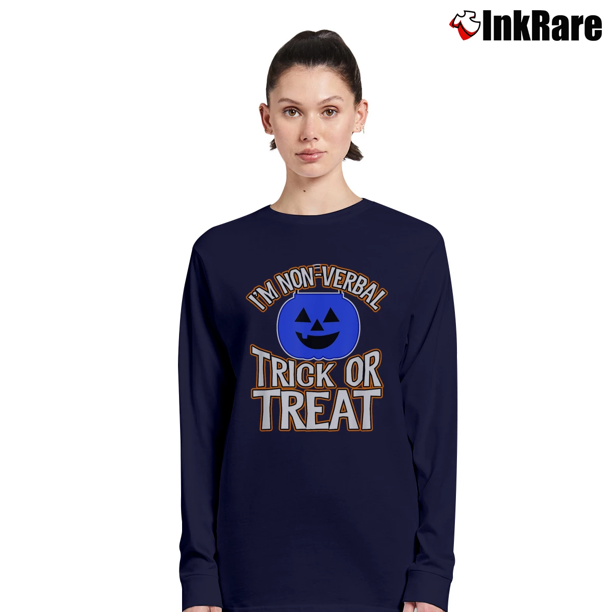 Women’s Blue Pumpkin Bucket Non Verbal Trick Or Treat Halloween Long-Sleeve Top in navy | Sleek, Versatile, All-Season