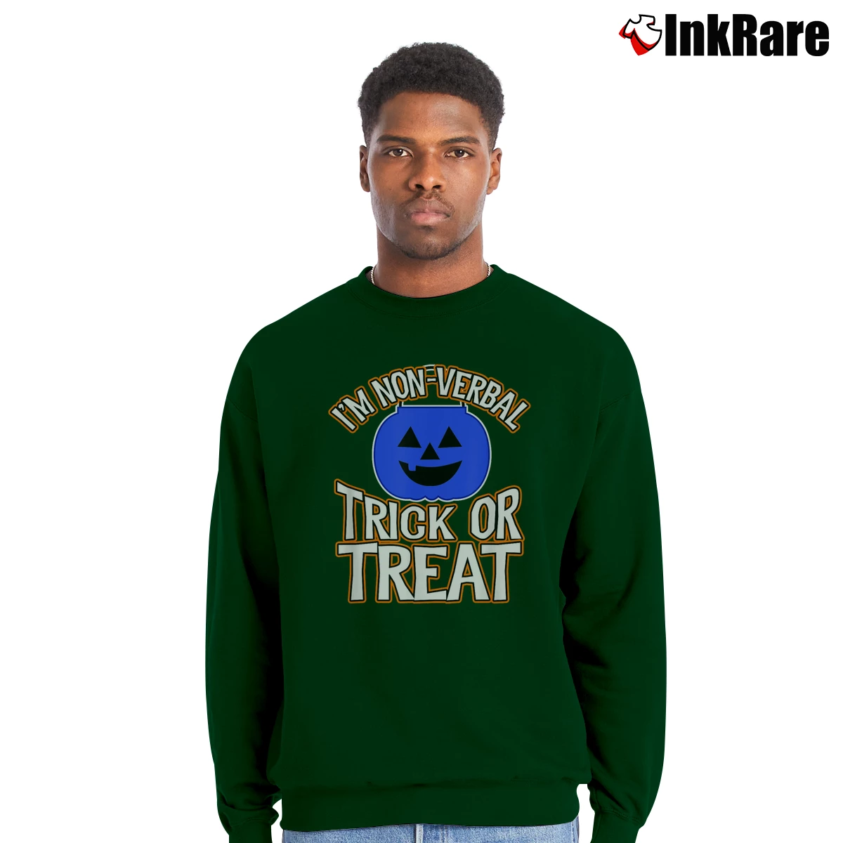 Men’s Blue Pumpkin Bucket Non Verbal Trick Or Treat Halloween Crewneck Sweatshirt in forest green | Cozy Fabric, Clean Style