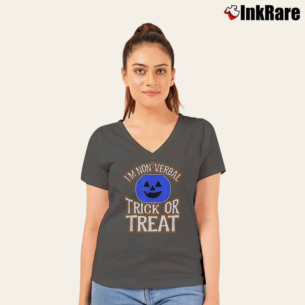 Women’s Blue Pumpkin Bucket Non Verbal Trick Or Treat Halloween V-Neck Tee in charcoal | Chic Neckline, Soft Texture