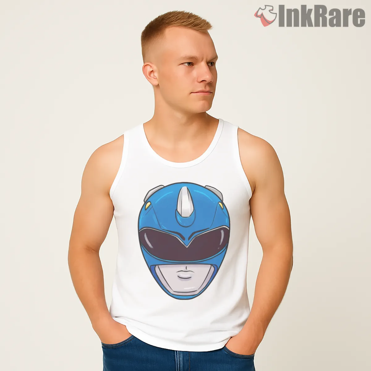 Blue Ranger Minimal Helmet Portrait Tank Top White Blue Ranger Minimal Helmet Portrait Shirt on white tank top for men graphic tee