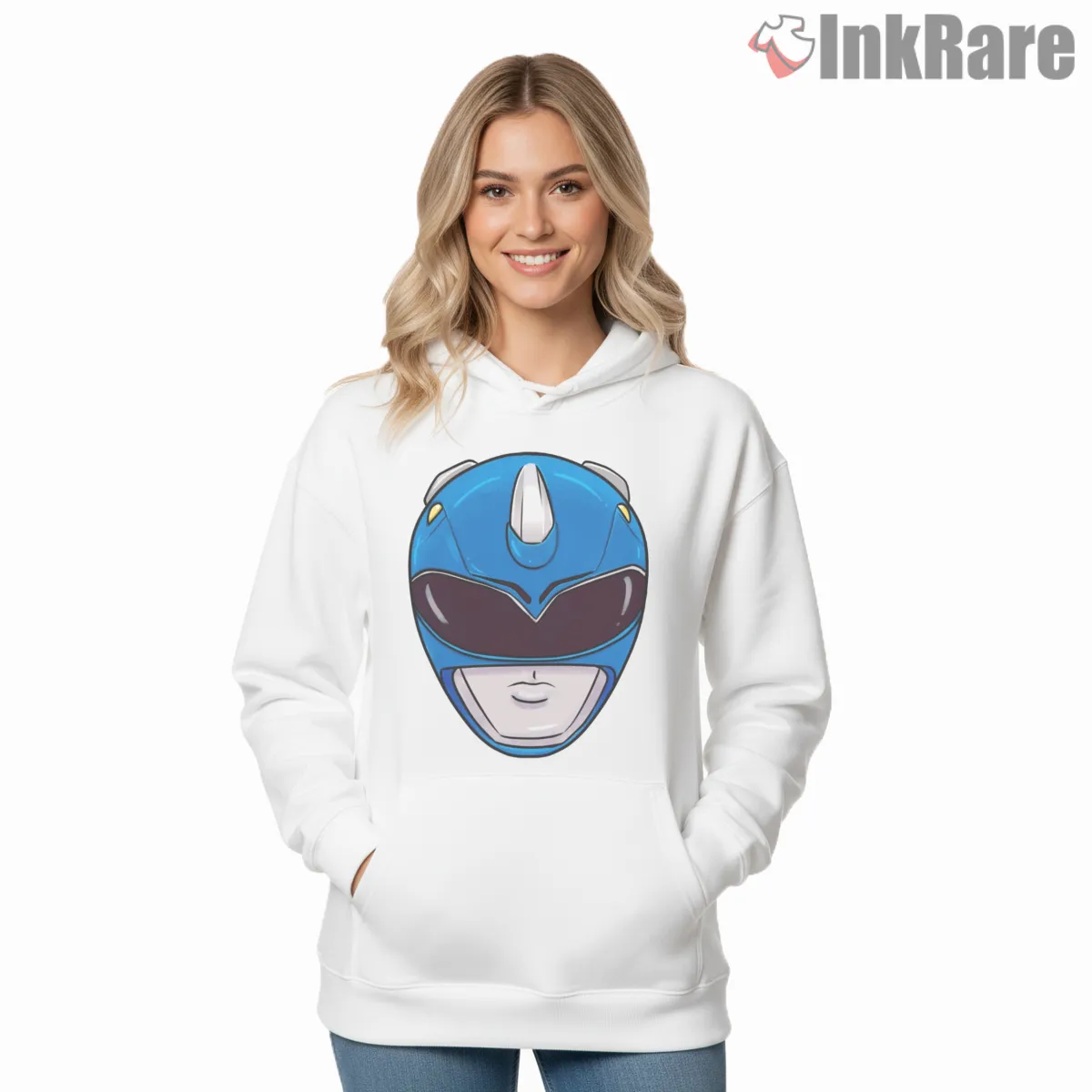 Blue Ranger Minimal Helmet Portrait Shirt on white hoodie for women graphic tee