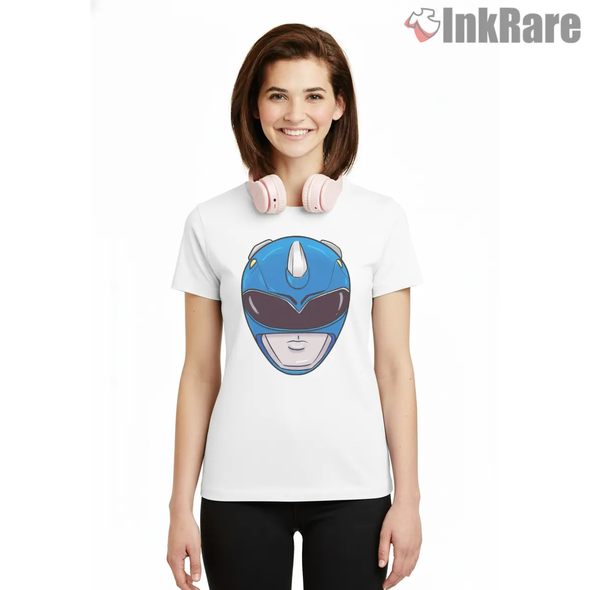 Blue Ranger Minimal Helmet Portrait Short Sleeve White Blue Ranger Minimal Helmet Portrait Shirt on white short sleeve shirt for women graphic tee
