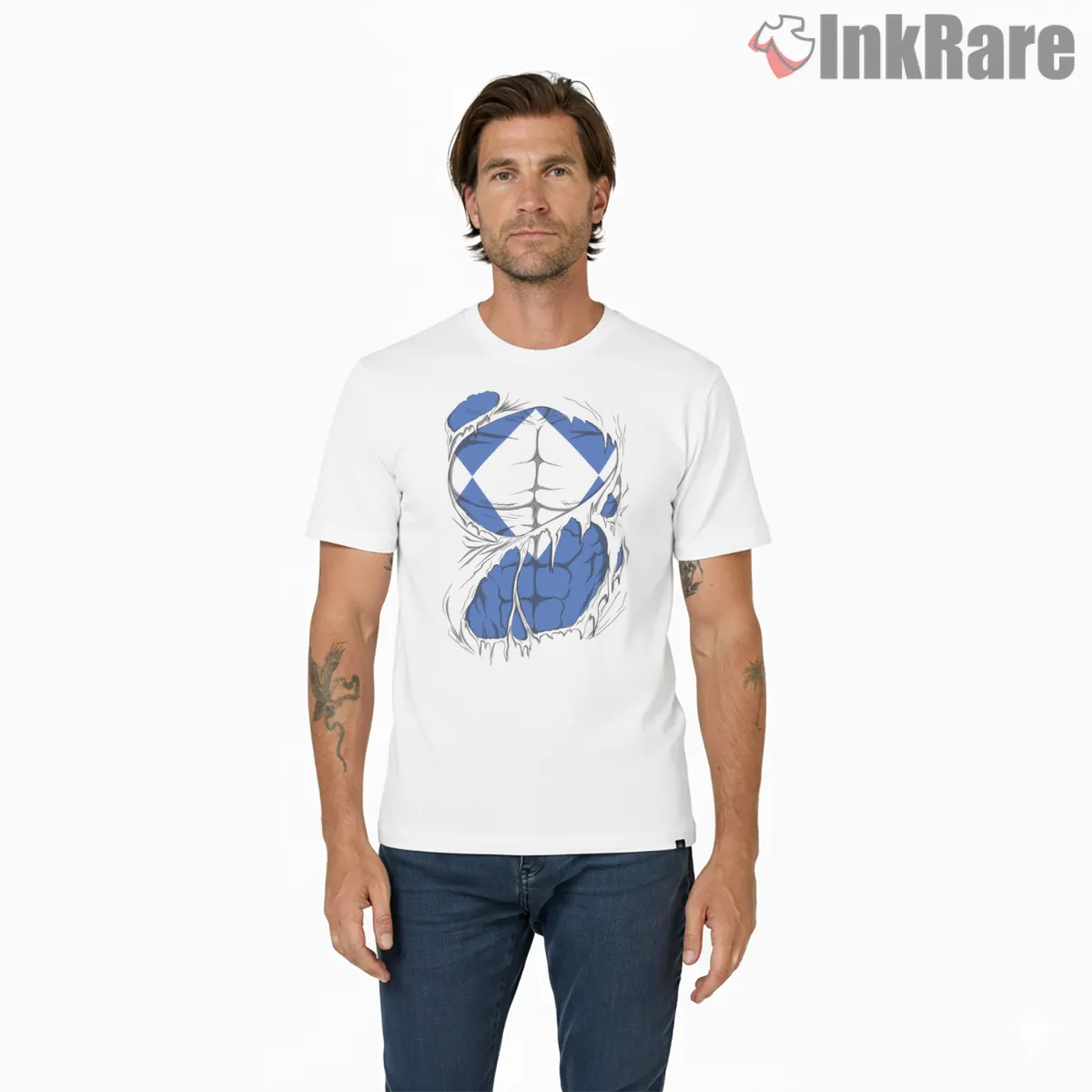 Blue Ranger Ripped Suit Strength Shirt on white short sleeve shirt for men graphic tee