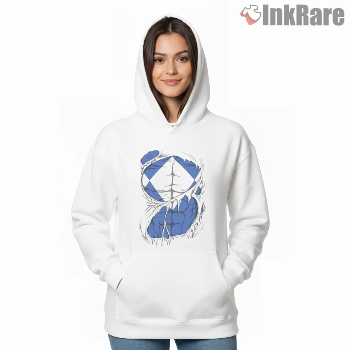 Blue Ranger Ripped Suit Strength Hoodie White Blue Ranger Ripped Suit Strength Shirt on white hoodie for women graphic tee