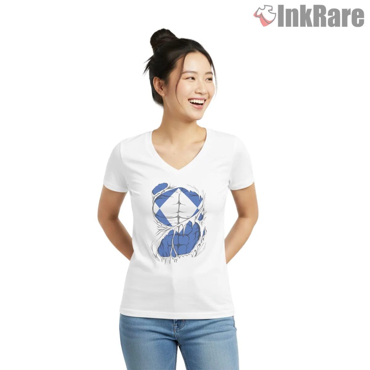 Blue Ranger Ripped Suit Strength V Neck White Blue Ranger Ripped Suit Strength Shirt on white v-neck shirt for women graphic tee