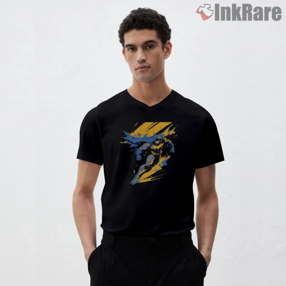 Blue Streak Aerial Dash Batman Shirt on black v-neck shirt for men graphic tee