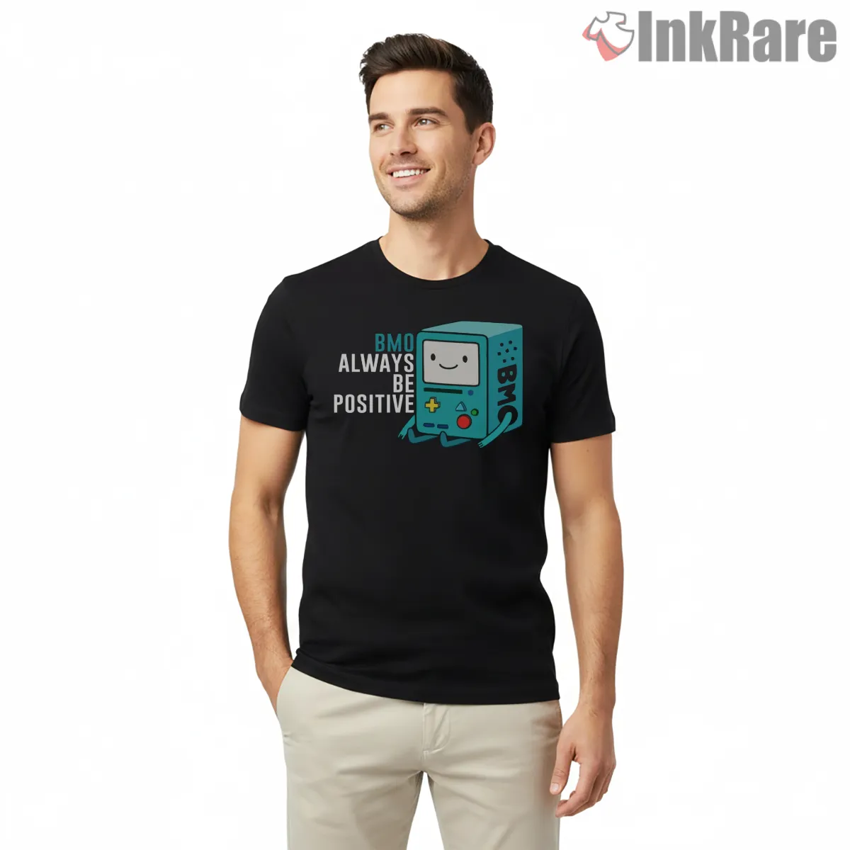 Bmo Always Be Positive Motivational Cartoon Short Sleeve Black Bmo Always Be Positive Motivational Cartoon Shirt on black short sleeve shirt for men graphic tee