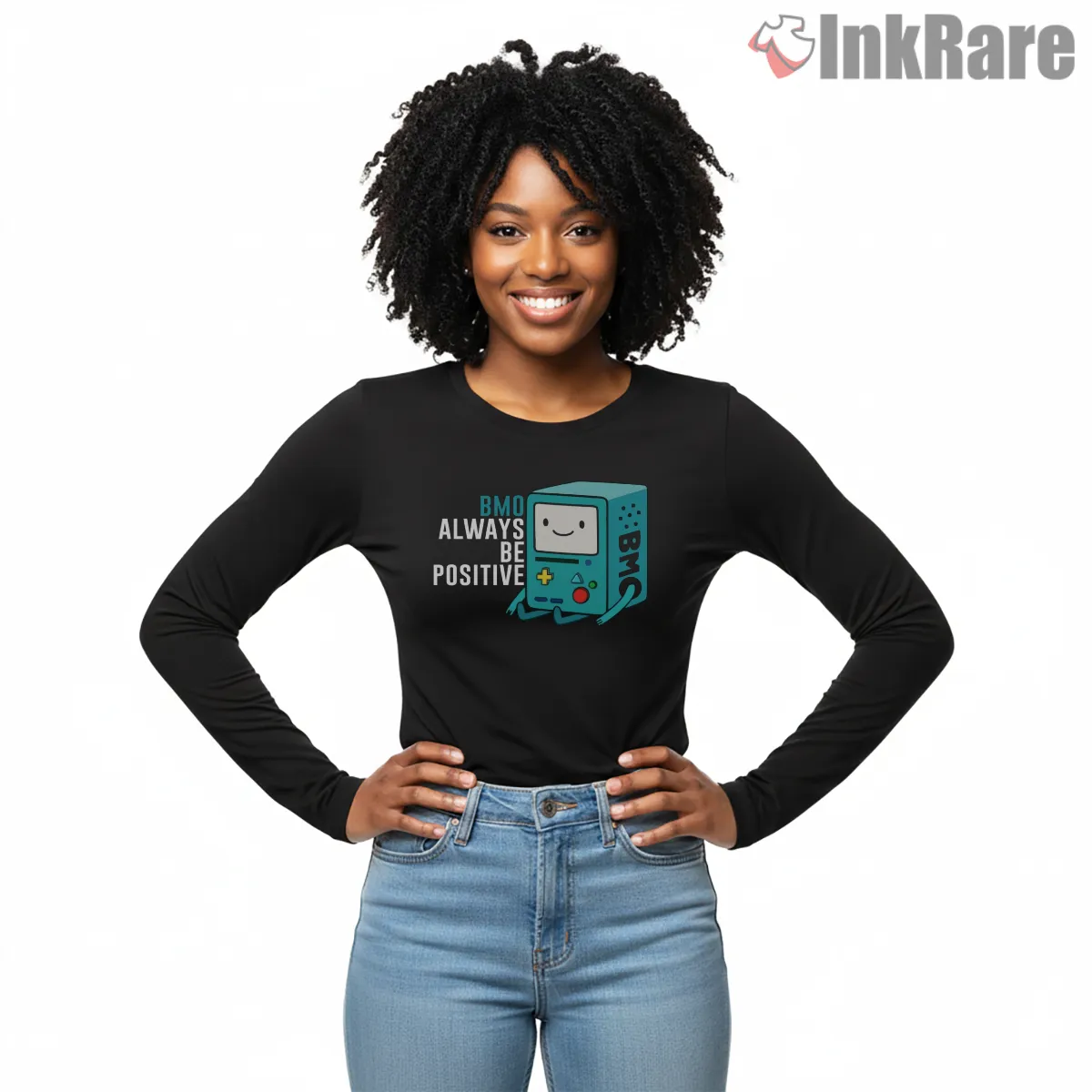 Bmo Always Be Positive Motivational Cartoon Long Sleeve Black Bmo Always Be Positive Motivational Cartoon Shirt on black long sleeve shirt for women graphic tee