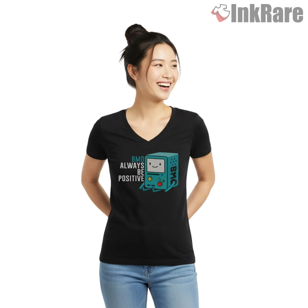 Bmo Always Be Positive Motivational Cartoon V Neck Black Bmo Always Be Positive Motivational Cartoon Shirt on black v-neck shirt for women graphic tee