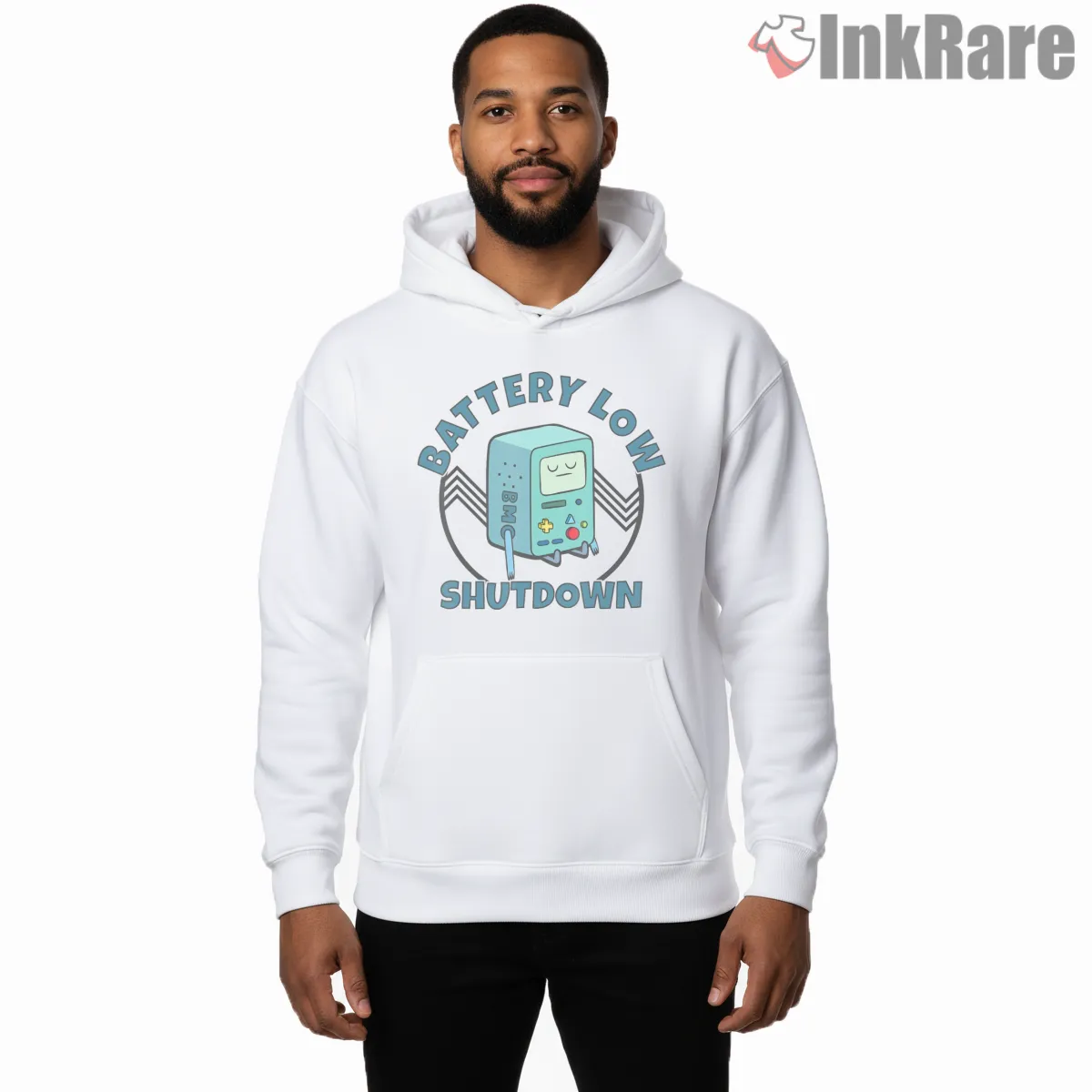 Bmo Battery Low Shutdown Minimal Tech Cartoon Shirt on white hoodie for men graphic tee