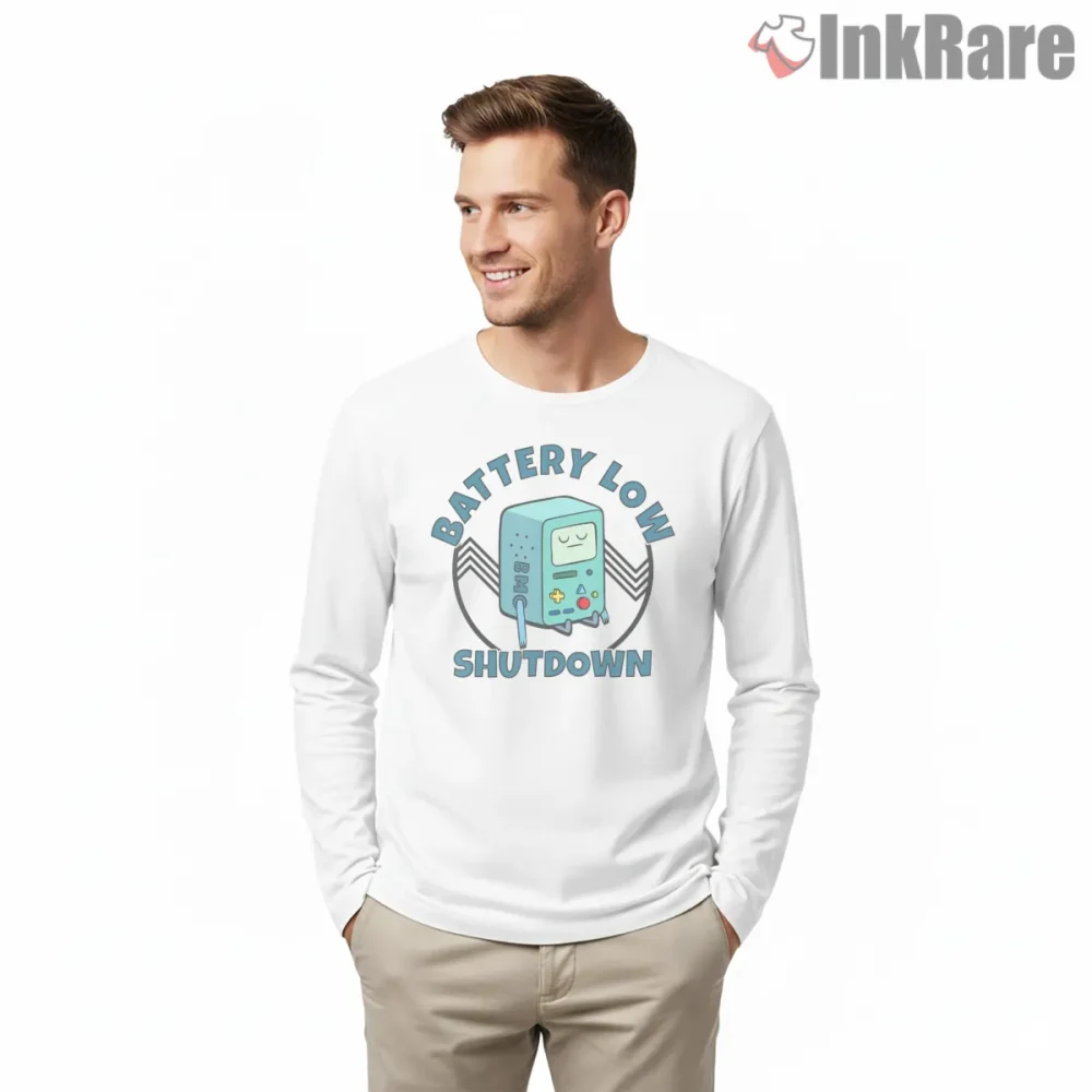 Bmo Battery Low Shutdown Minimal Tech Cartoon Shirt on white long sleeve shirt for men graphic tee