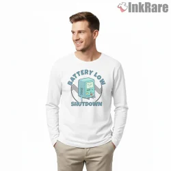 Bmo Battery Low Shutdown Minimal Tech Cartoon Shirt on white long sleeve shirt for men graphic tee