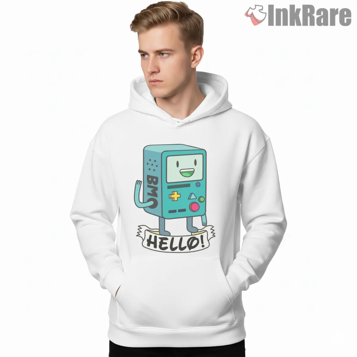 Bmo Hello Cute Minimal Character Cartoon Hoodie White Bmo Hello Cute Minimal Character Cartoon Shirt on white hoodie for men graphic tee