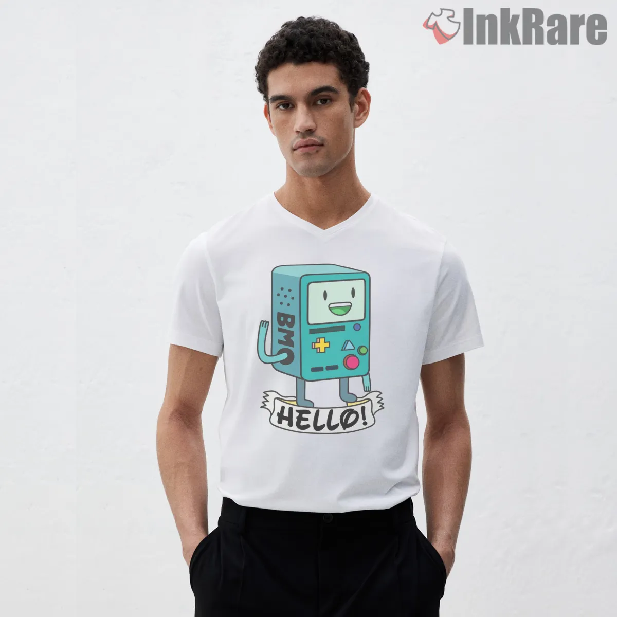 Bmo Hello Cute Minimal Character Cartoon Shirt on white v-neck shirt for men graphic tee