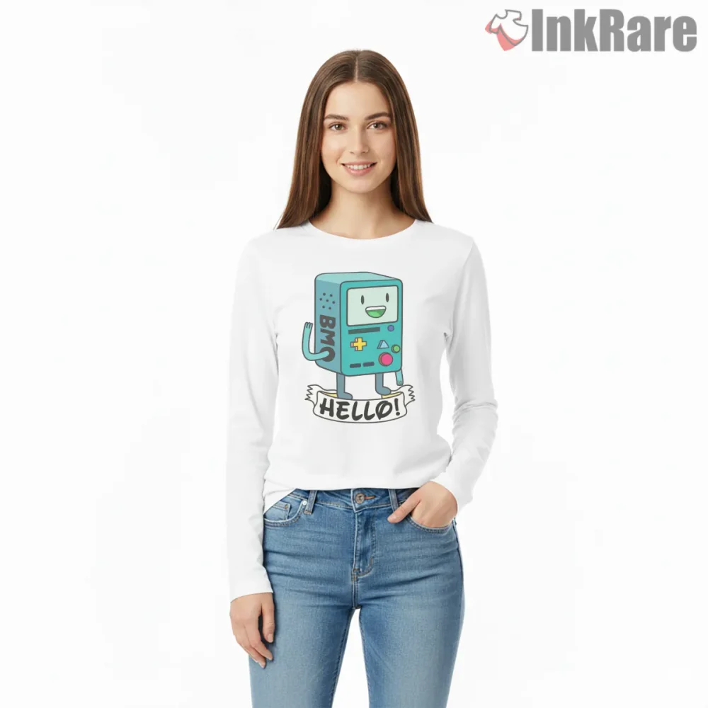 Bmo Hello Cute Minimal Character Cartoon Shirt on white long sleeve shirt for women graphic tee