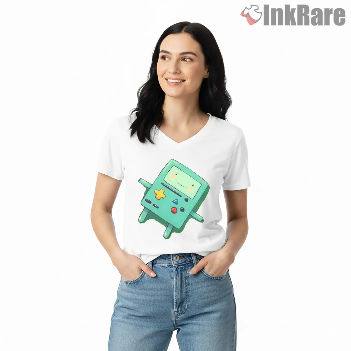 Bmo Minimal Cute Floating Character Cartoon V Neck White Bmo Minimal Cute Floating Character Cartoon Shirt on white v-neck shirt for women graphic tee