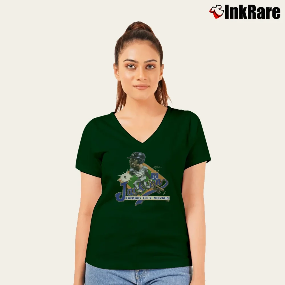 Women’s Bo Jackson 80s Kansas City Royals MLB Baseball Caricature V-Neck Tee in forest green | Chic Neckline, Soft Texture