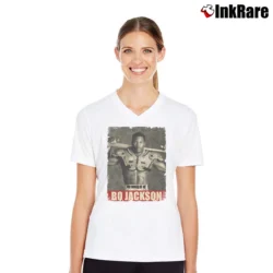 Women’s Bo Jackson Retro Style V-Neck Tee in white | Chic Neckline, Soft Texture