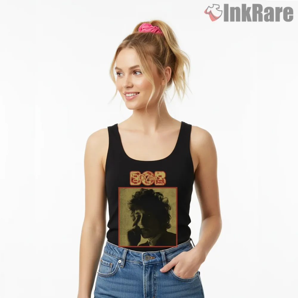 Bob Dylan 1941 Birth Year Retro Portrait Shirt on black tank top for women graphic tee
