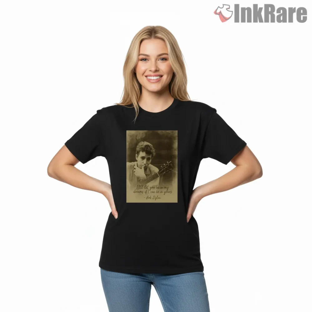 Bob Dylan 1963 Acoustic Folk Portrait Shirt on black short sleeve shirt for women graphic tee
