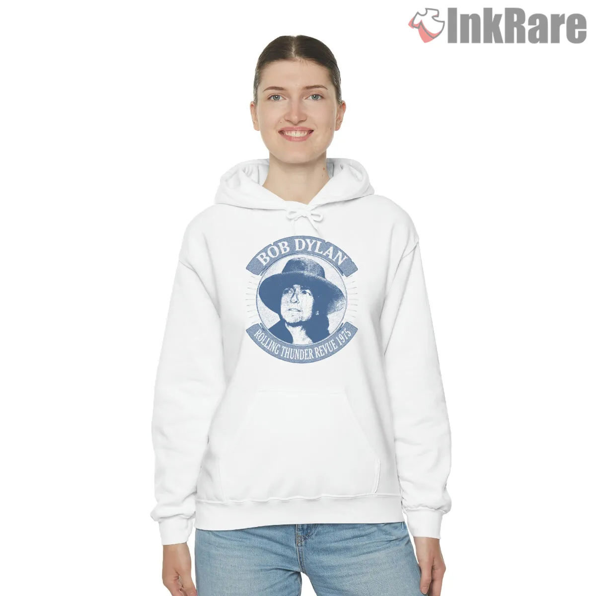 Bob Dylan 1975 Rolling Thunder Revue Badge Shirt on white hoodie for women graphic tee