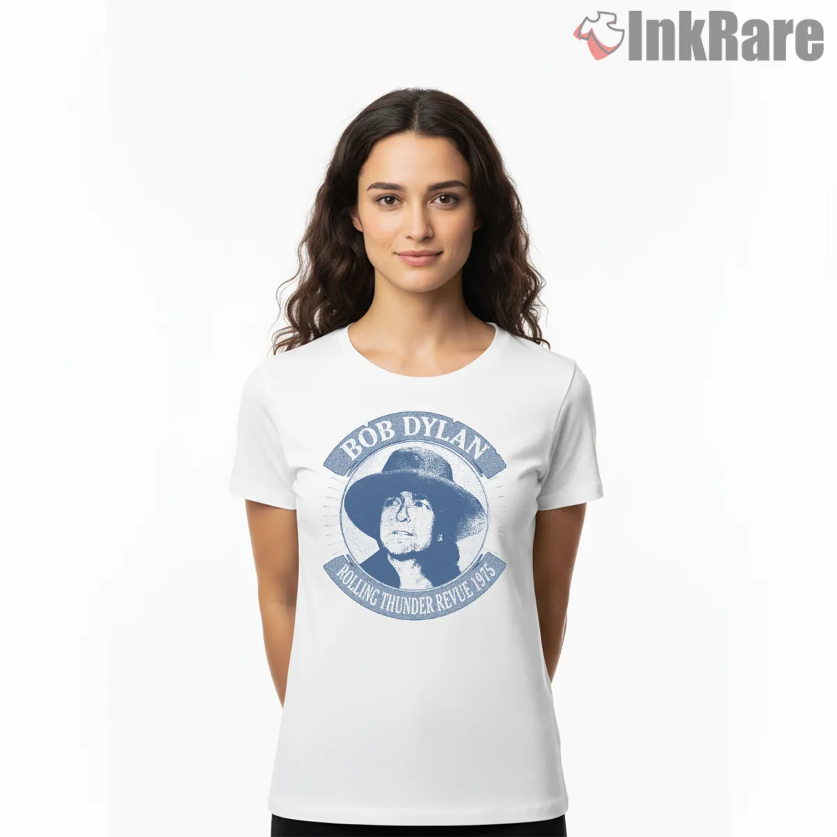 Bob Dylan 1975 Rolling Thunder Revue Badge Short Sleeve White Bob Dylan 1975 Rolling Thunder Revue Badge Shirt on white short sleeve shirt for women graphic tee
