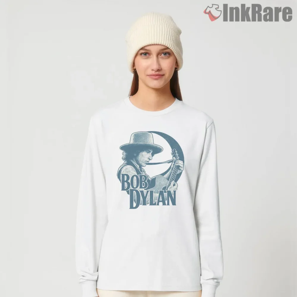 Bob Dylan 1975 Vintage Guitar Silhouette Shirt on white long sleeve shirt for women graphic tee