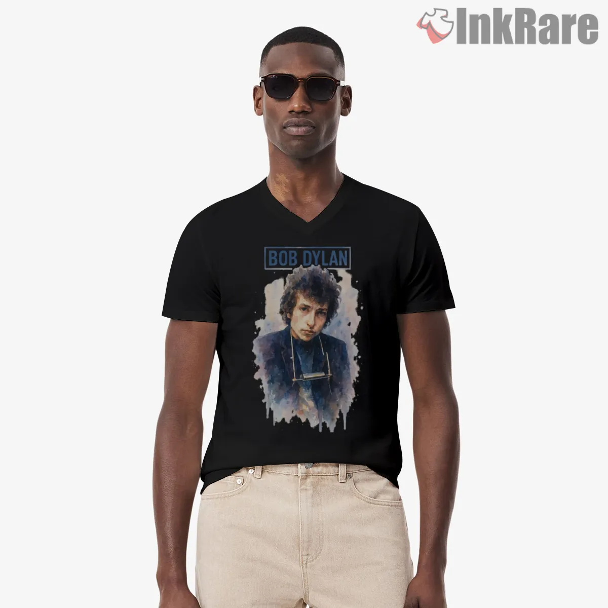 Bob Dylan 60s Harmony Watercolor Portrait Shirt on black v-neck shirt for men graphic tee
