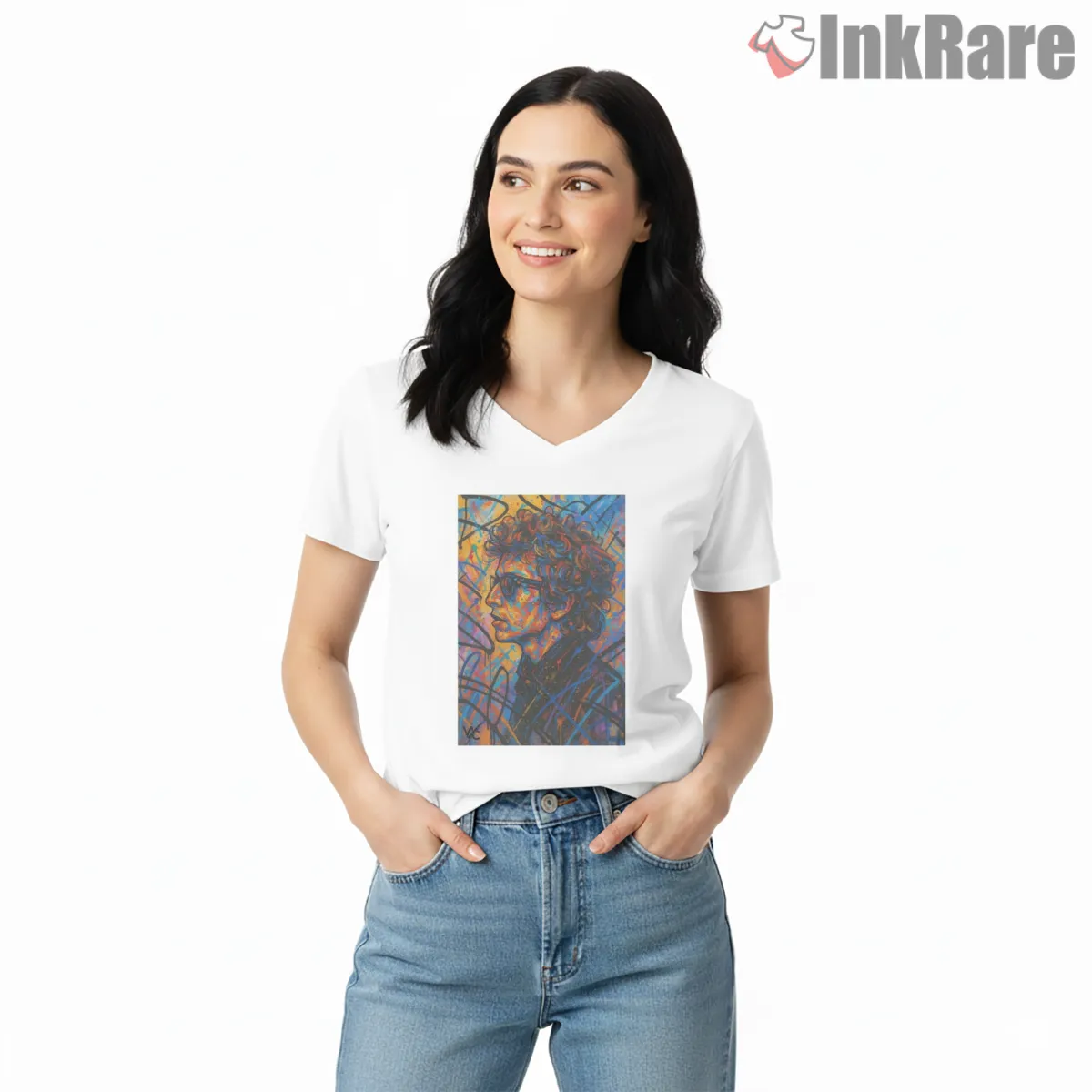 Bob Dylan Abstract Line Art Portrait Shirt on white v-neck shirt for women graphic tee