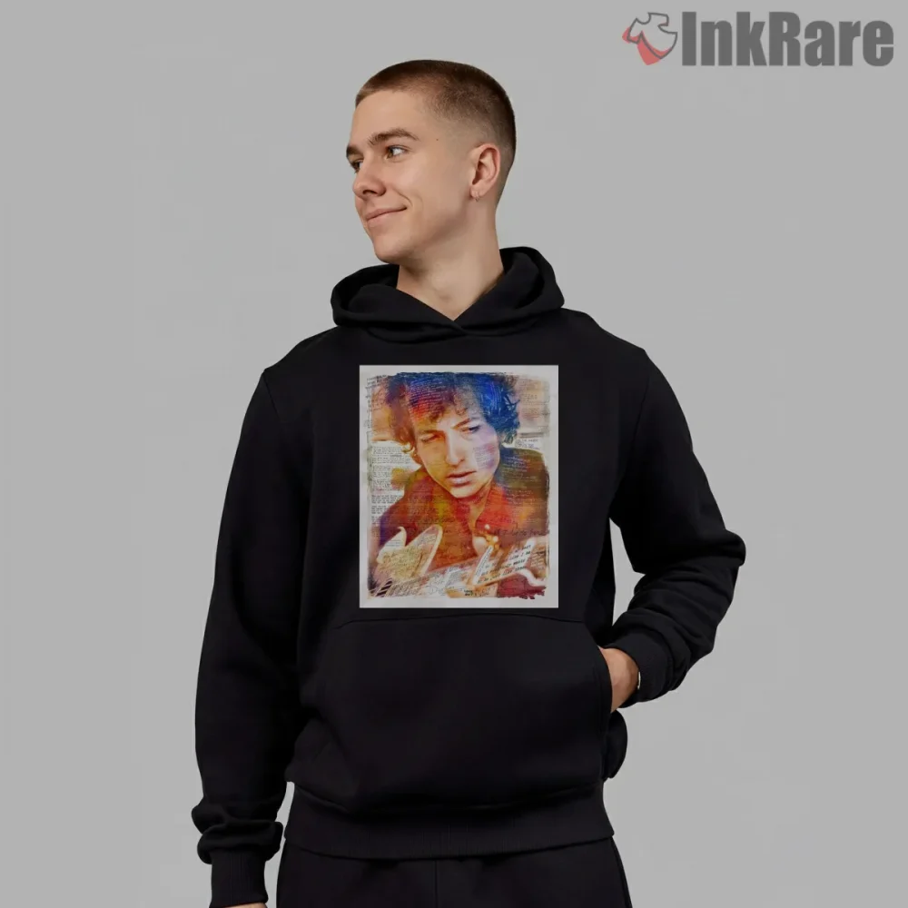 Bob Dylan Artistic Songwriter Collage Portrait Shirt on black hoodie for men graphic tee