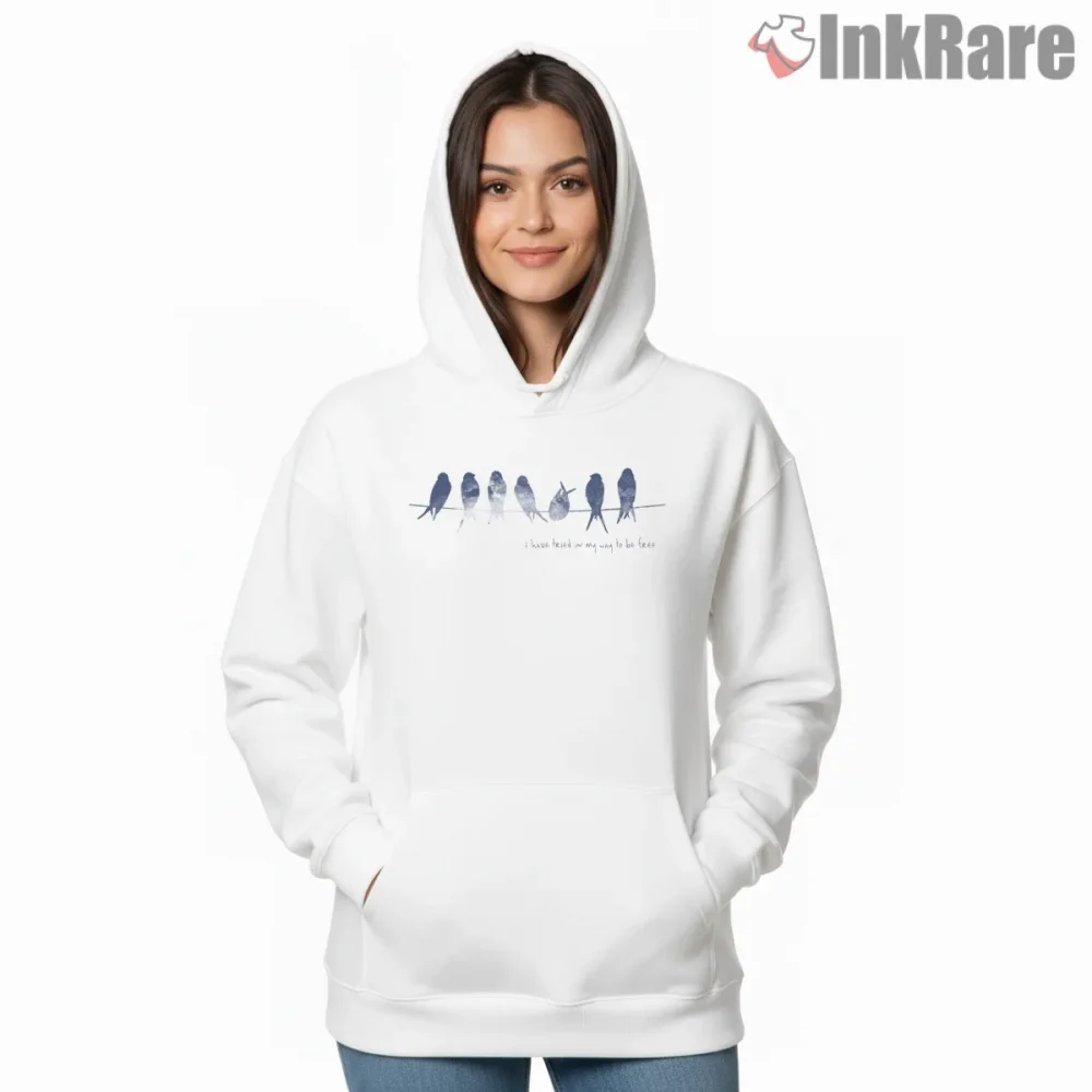 Bob Dylan Bird On A Wire Minimalist Lyric Shirt on white hoodie for women graphic tee