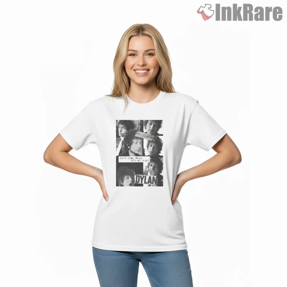 Bob Dylan Black And White Collage Tribute Shirt on white short sleeve shirt for women graphic tee