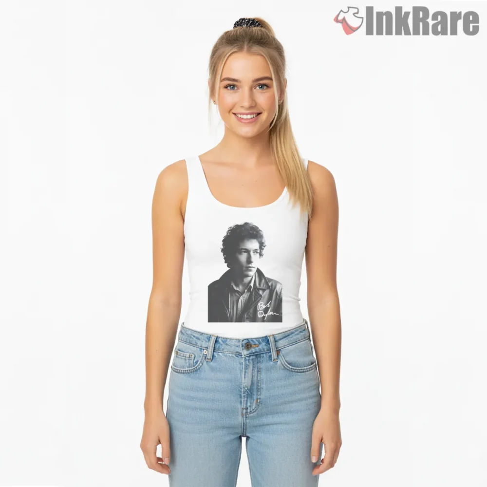 Bob Dylan Black And White Leather Jacket Portrait Shirt on white tank top for women graphic tee