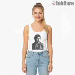 Bob Dylan Black And White Leather Jacket Portrait Shirt on white tank top for women graphic tee