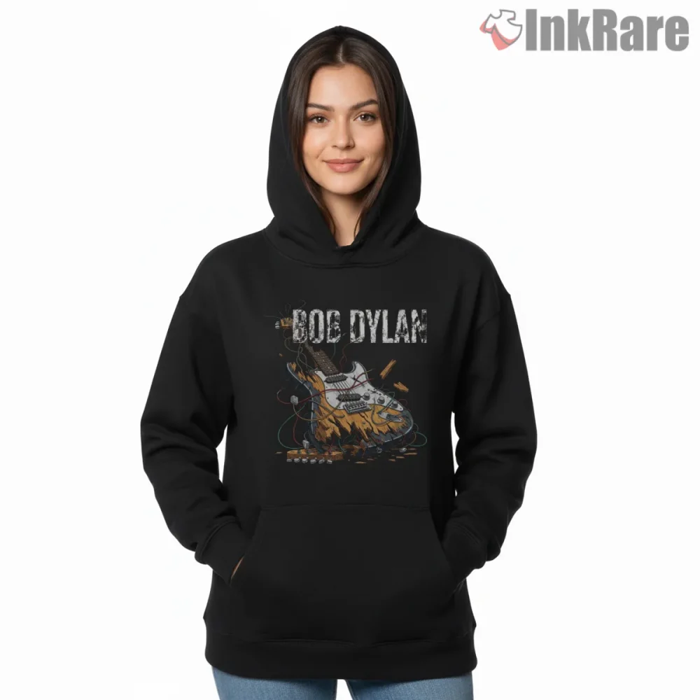Bob Dylan Blowin In The Wind Electric Guitar Art Shirt on black hoodie for women graphic tee