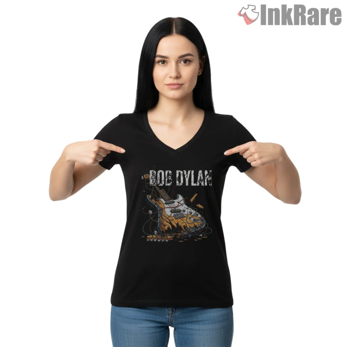 Bob Dylan Blowin In The Wind Electric Guitar Art V Neck Black Bob Dylan Blowin In The Wind Electric Guitar Art Shirt on black v-neck shirt for women graphic tee