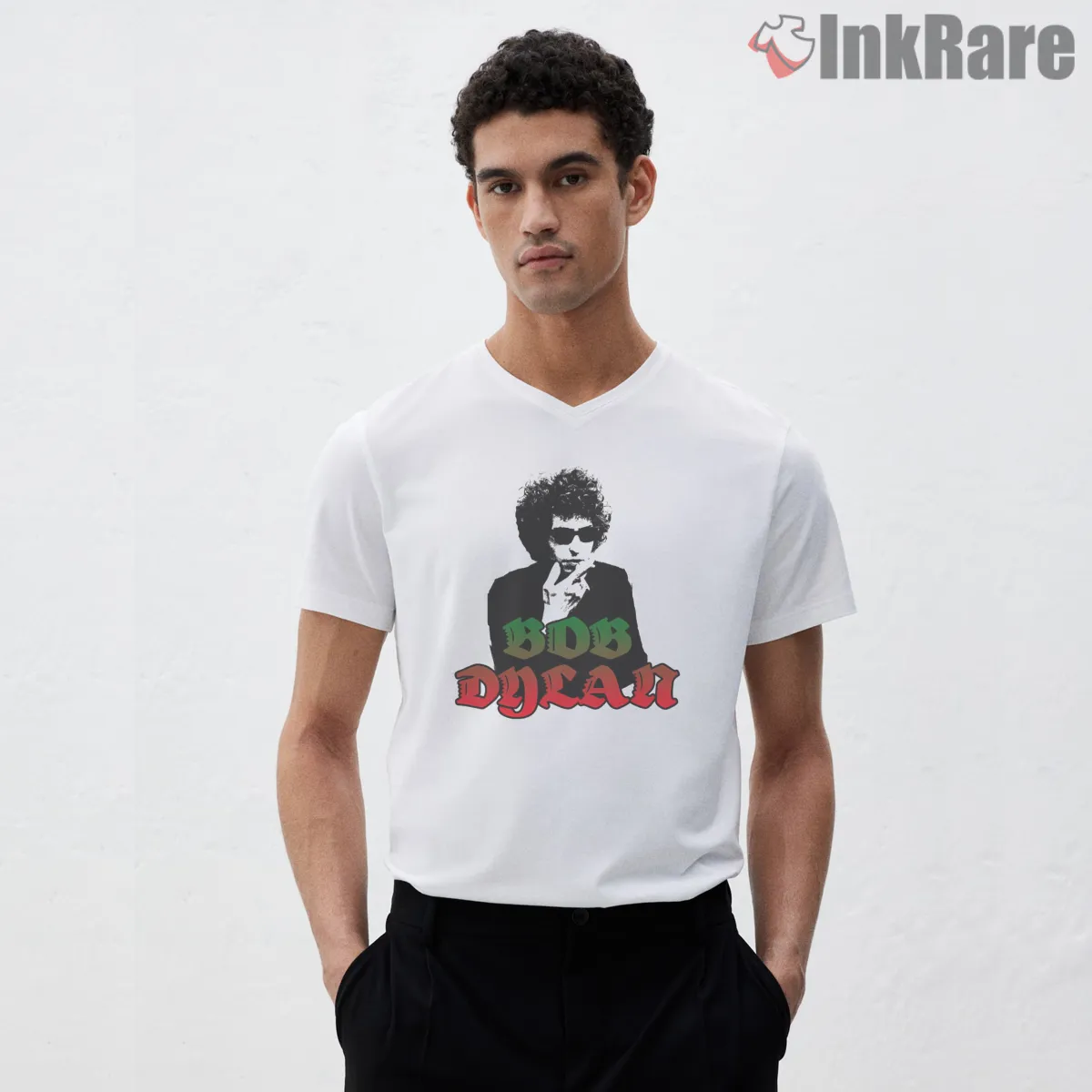 Bob Dylan Blowin In The Wind Silhouette Shirt on white v-neck shirt for men graphic tee