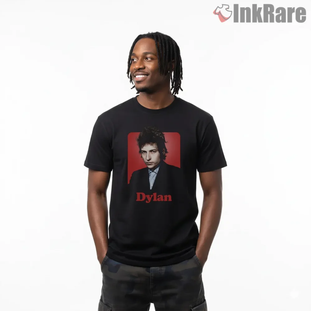 Bob Dylan Bold Red Background Portrait Shirt on black short sleeve shirt for men graphic tee