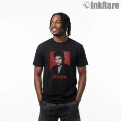 Bob Dylan Bold Red Background Portrait Shirt on black short sleeve shirt for men graphic tee