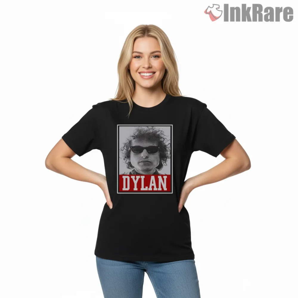 Bob Dylan Bold Red Frame Portrait Shirt on black short sleeve shirt for women graphic tee