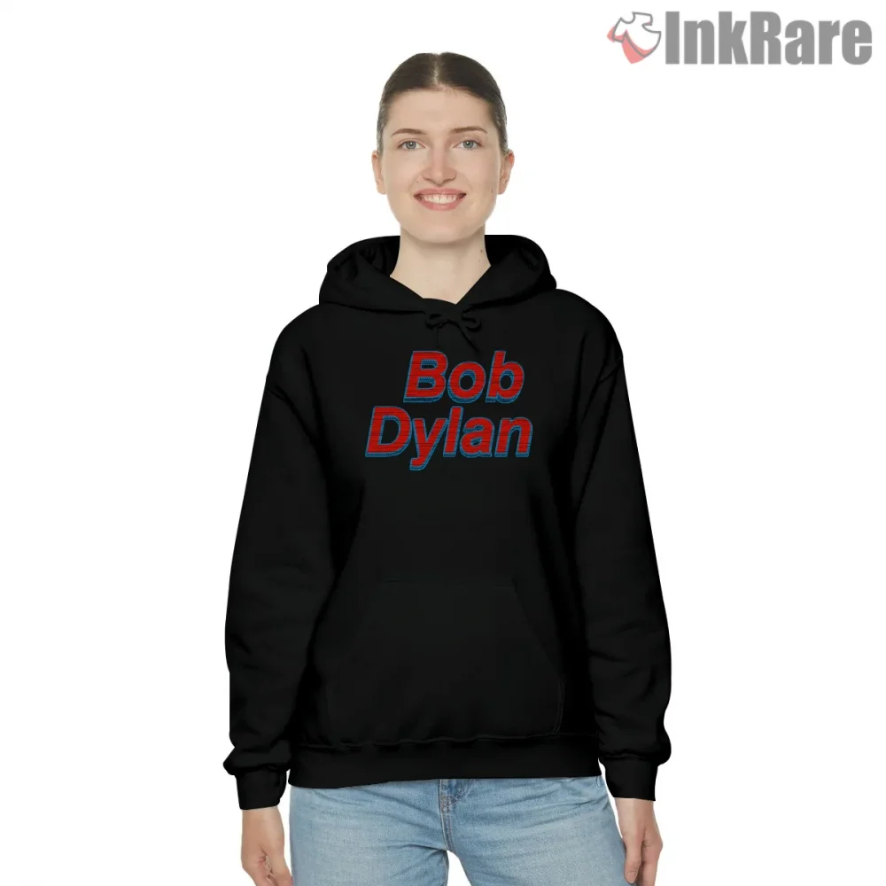 Bob Dylan Bold Red Retro Text Shirt on black hoodie for women graphic tee