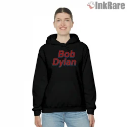 Bob Dylan Bold Red Retro Text Shirt on black hoodie for women graphic tee