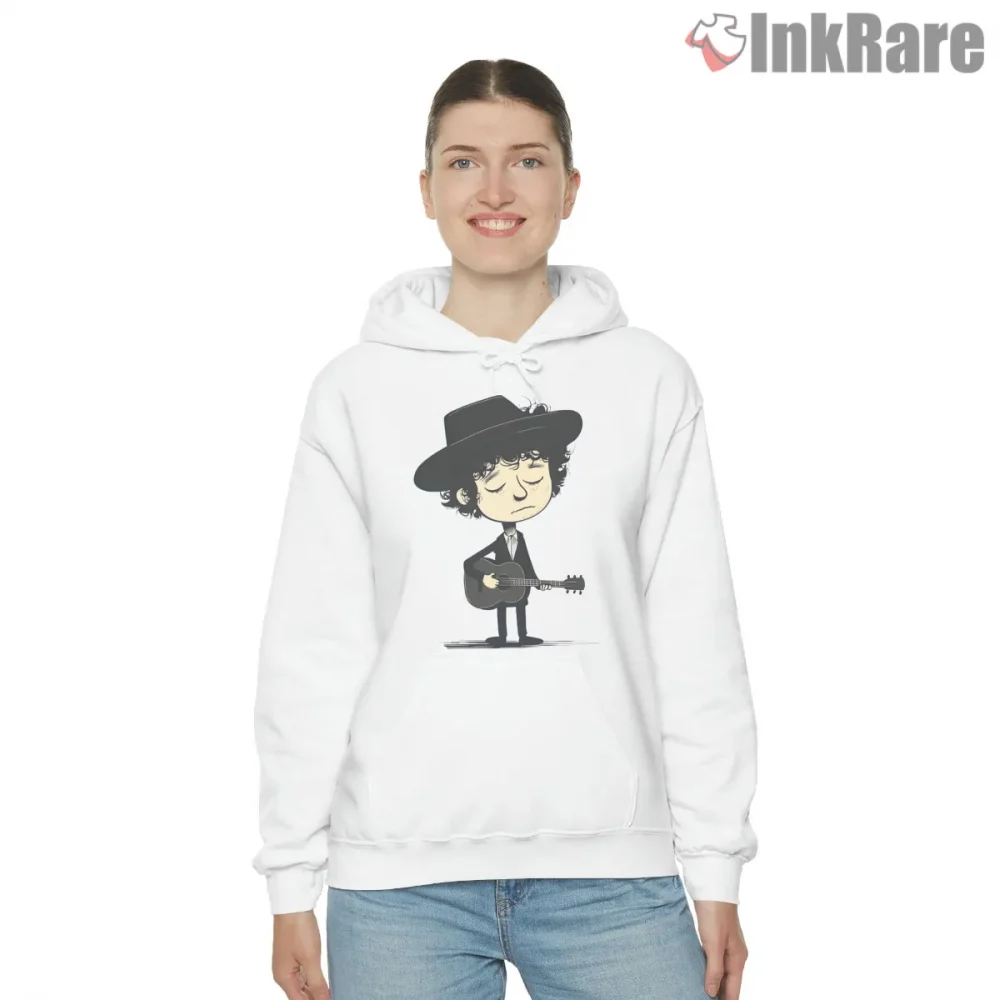 Bob Dylan Cartoon Guitar Character Shirt on white hoodie for women graphic tee
