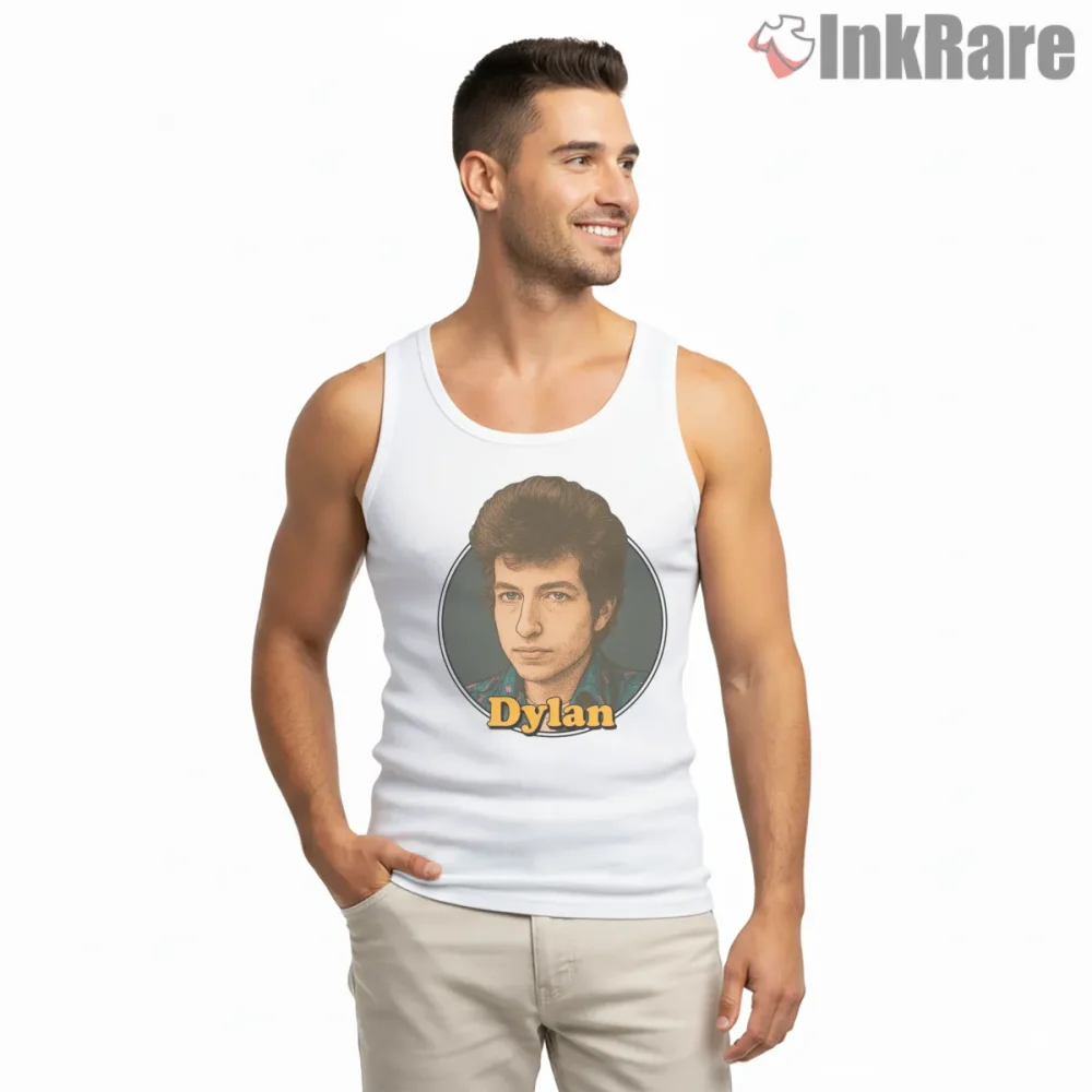 Bob Dylan Classic Illustrated Oval Portrait Shirt on white tank top for men graphic tee